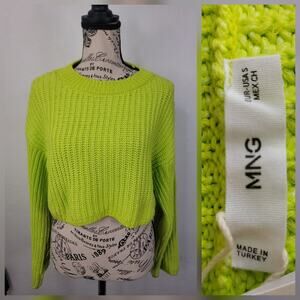 MNG Mango Sweater Top SZ Small Cotton Blend Cable Knit Boxy Fit Cropped Neon